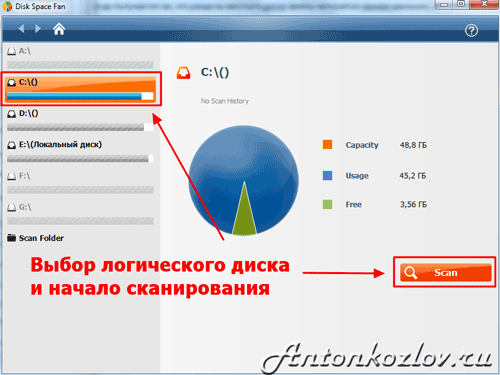 Начальное окно программы наглядного отображения содержимого жесткого диска Disk Space Fan Начальное окно программы наглядного отображения содержимого жесткого диска Disk Space Fan