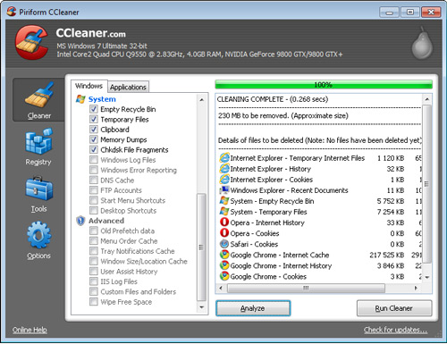 Главное окно программы CCleaner Главное окно программы CCleaner