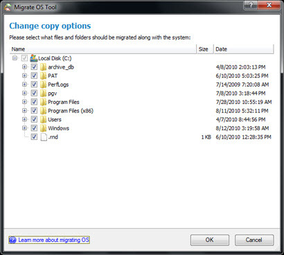 Выбор папок и файлов для миграции в программе Paragon Migrate OS to SSD