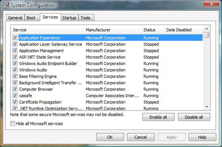 Список служб в Windows 7