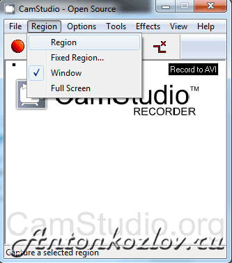 Выбор области для захвата в программе CamStudio